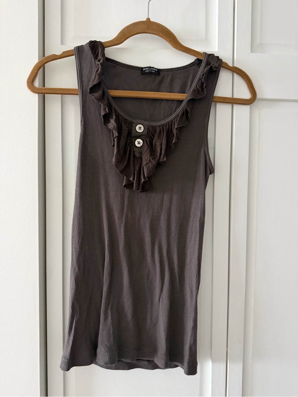 Mimi & Coco Brown Ribbed Cotton Ruffle Tank Top L y2k - Picture 2 of 8
